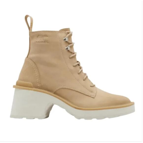NWT Sorel Hi-Line Lace Up Chunky Heel Boots 7.5 Suede Tan Ankle Booties - Picture 2 of 9